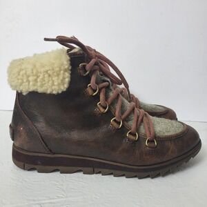 Sorel Harlow Lace Cozy Boots 8.5 Brown Leather Wool Shearling Hiker NL338-282
